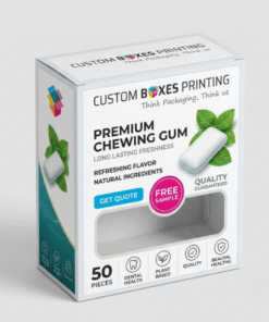 Custom printed chewing gum boxes with a clear front window, vibrant branding, mint leaf graphics, and product information. Designed for retail shelf presentation with an eye-catching promotional layout.